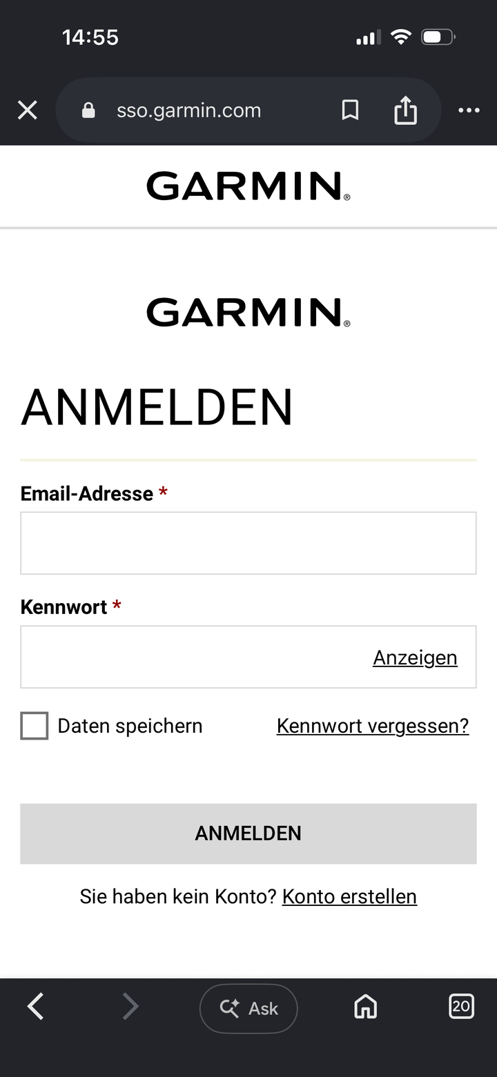 Garmin sign-in page