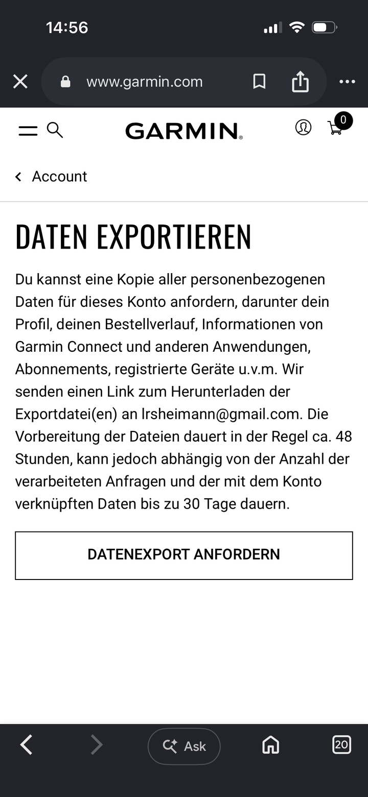 Garmin data export page
