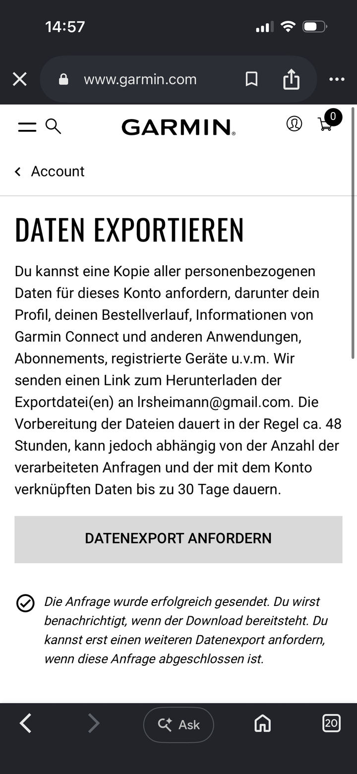 Garmin export request confirmation