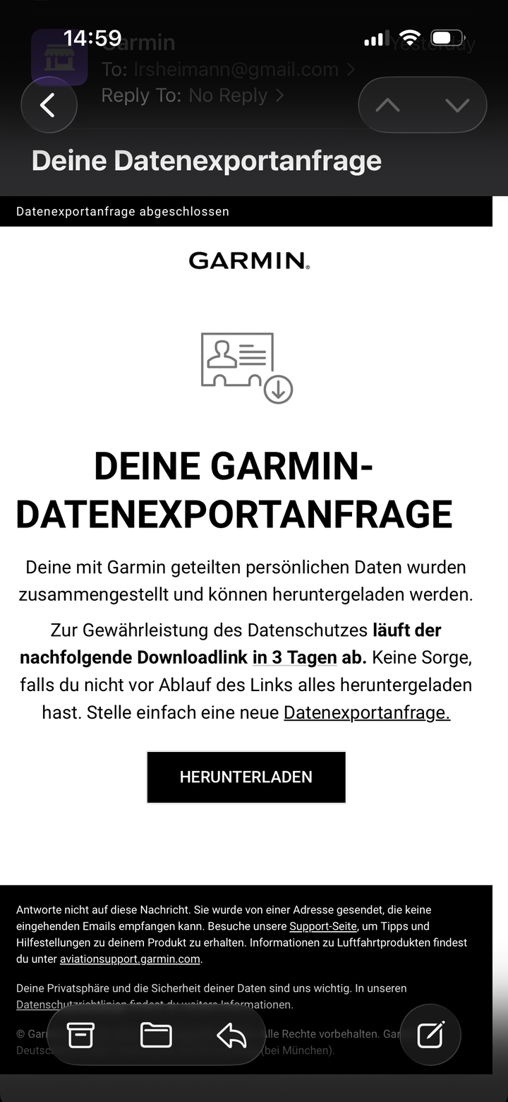 Garmin export ready email